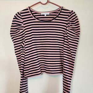 Rebecca Minkoff Women's Talia Cropped Long Sleeve Top Pink/Black Striped Size L